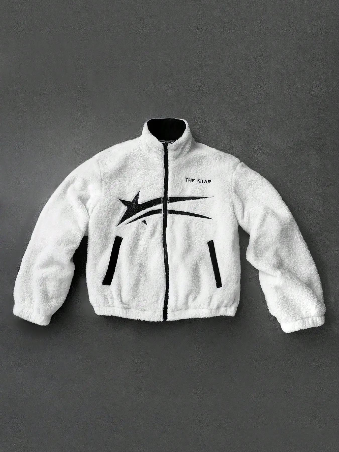 Men's White Star Graphic Zip-Up Stylish Jacket, Oversized Stand Collar Outerwear with Black Star and Stripe Front Print, Zipper Pockets, Elastic Hem and Relaxed Fit, Retro Y2K Sport Tech Streetwear for Campus, Travel, Commuting, Parties and Casual Wear