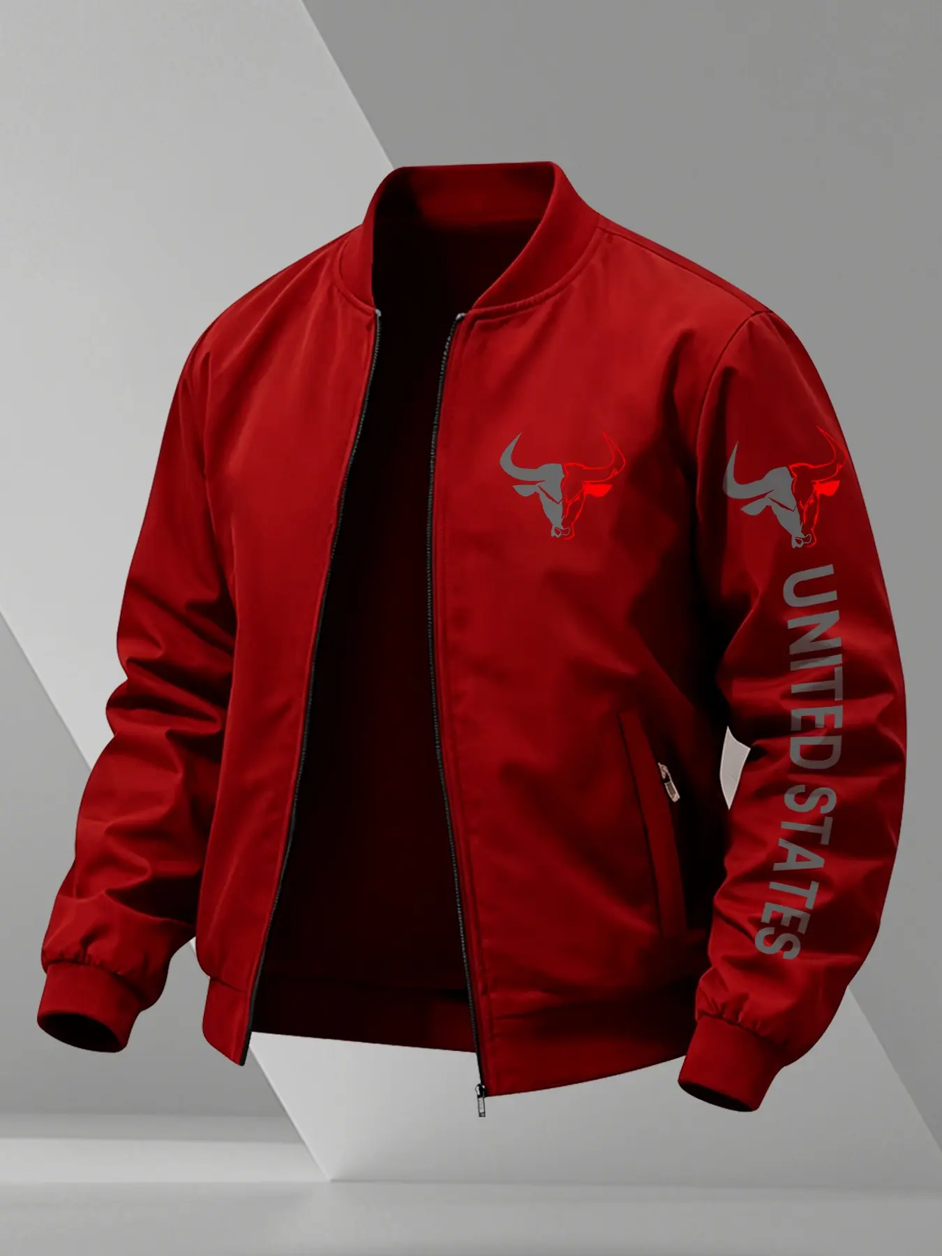 Men's Zip Up Bomber Jacket, Graphic, Longhorn Bull Skull & Vertical "UNITED STATES" Letter Print Lightweight Windproof Casual Street Outerwear, Western Style Stand Collar Coat #BullSkullBomber #WesternStreetwear #UnitedStatesPrint #ZipUpWindbreaker #Ti