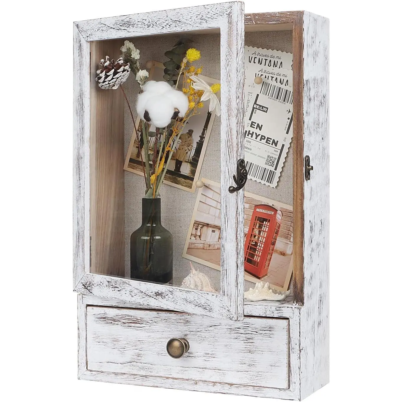 Shadow Box Frame, 3.2” Deep Shadow Box Display Case with Real Glass and Drawer, Rustic  Memory Boxes for Pictures, , Memorial, Medals, Wedding Bouquet for Wall or Tabletop, White
