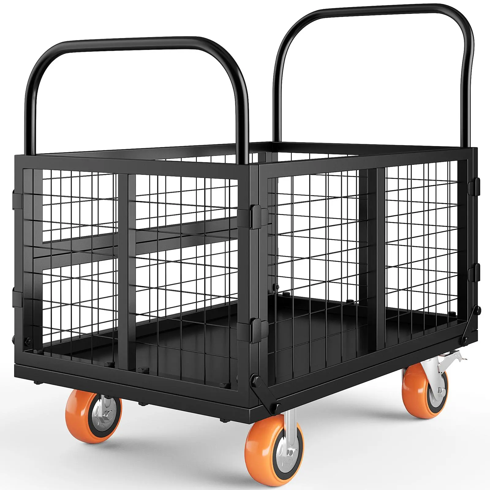 Heavy Duty Steel 6-in-1 Collapsible Work Cart - 1800 lbs Capacity Folding Multifunction Rolling Trolley, Portable Cart with Removable Folding Cage, 4 Swivel Brake Wheels, Ergonomic Handles, 39x26x42in for Garage, Warehouse, Commercial Delivery, Multifunct