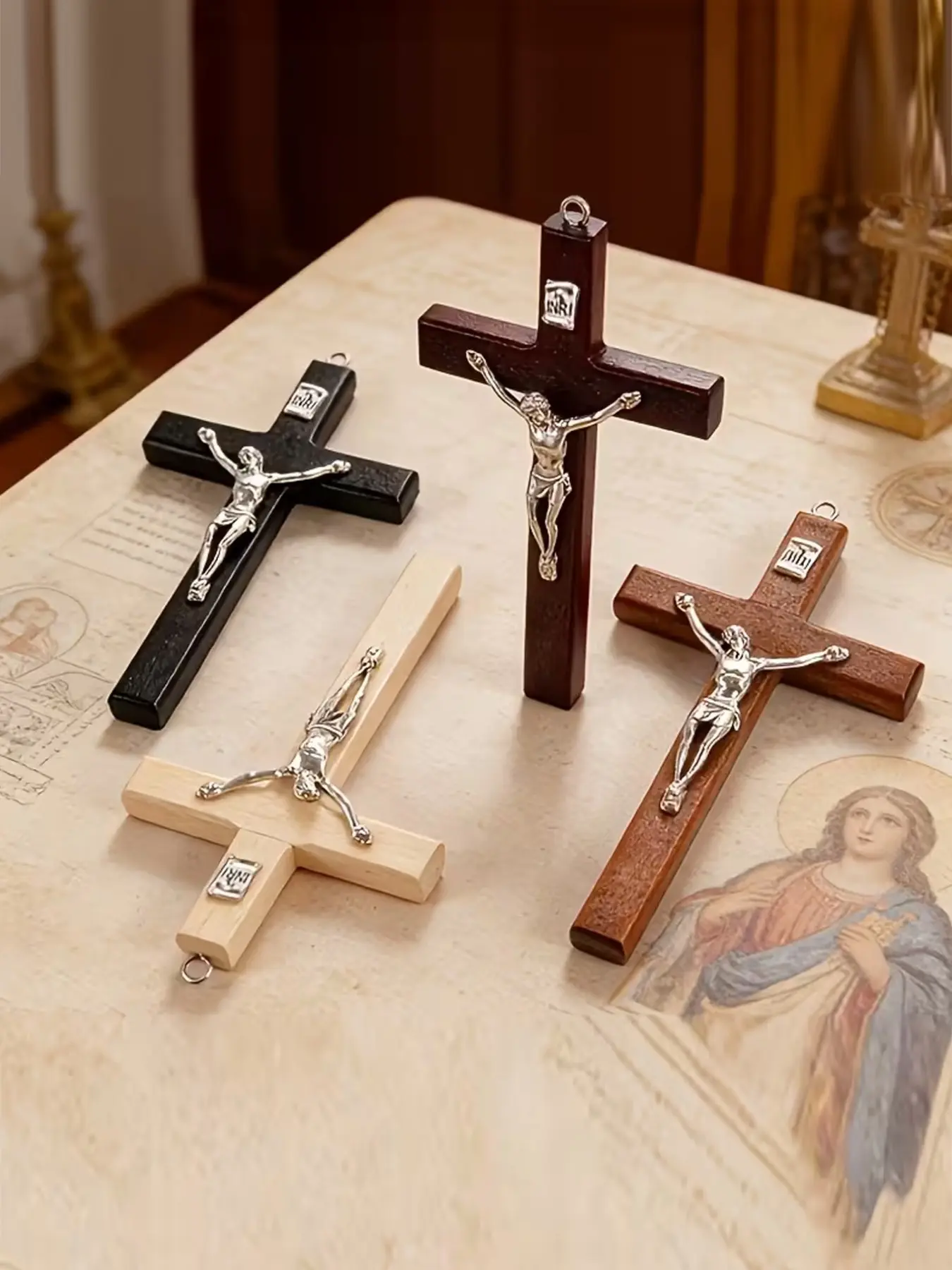 Set of 4 Small Wall-Mounted Crosses, Random Styles, Wooden Crucifix Pendants, Catholic Religious Decor, Home Spiritual Accessories, Wooden Cross Decorations