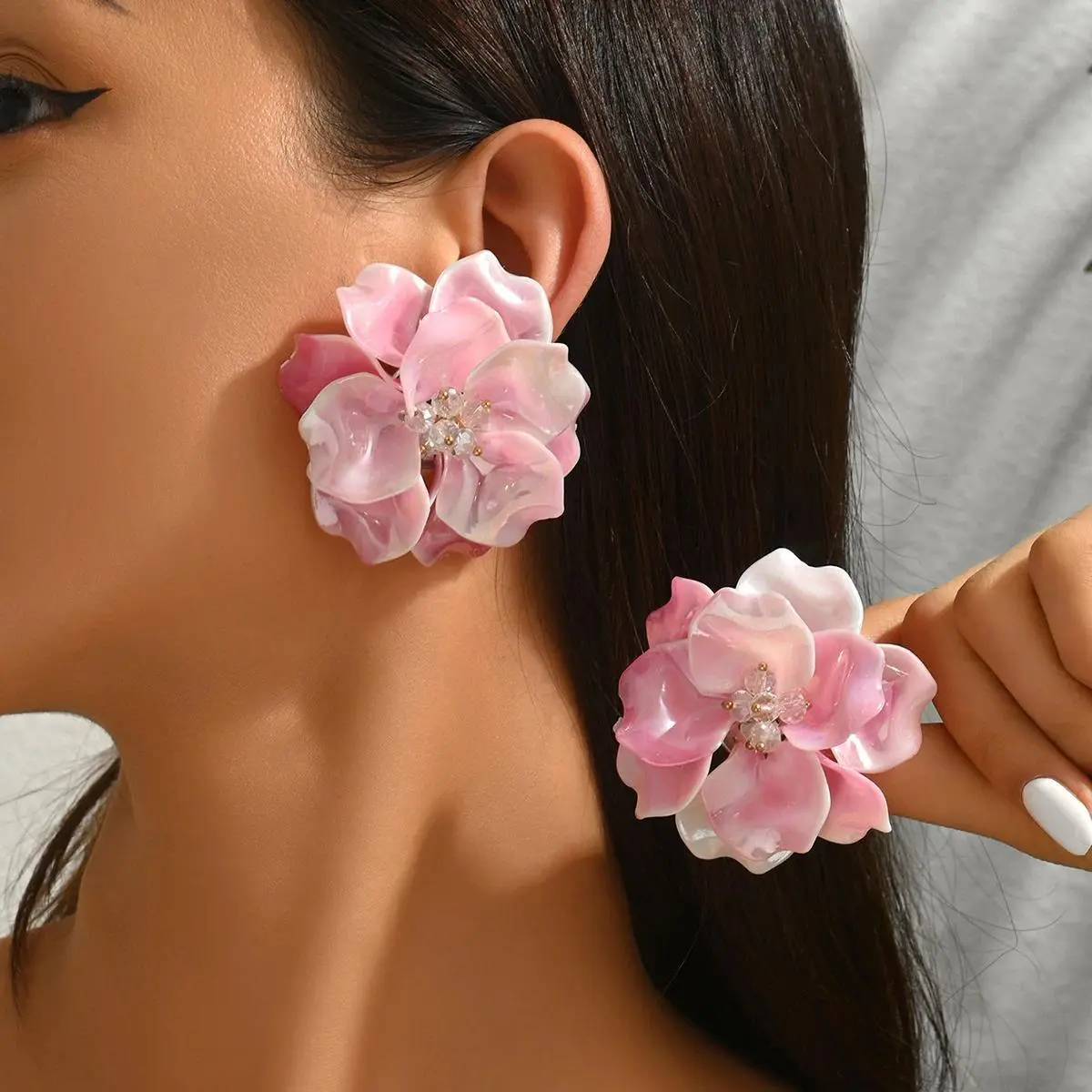 Gorgeous Oversized Pink Flower Stud Earrings for Women - Acrylic Petal Crystal Statement Jewelry, Perfect for Wedding Party & Pr