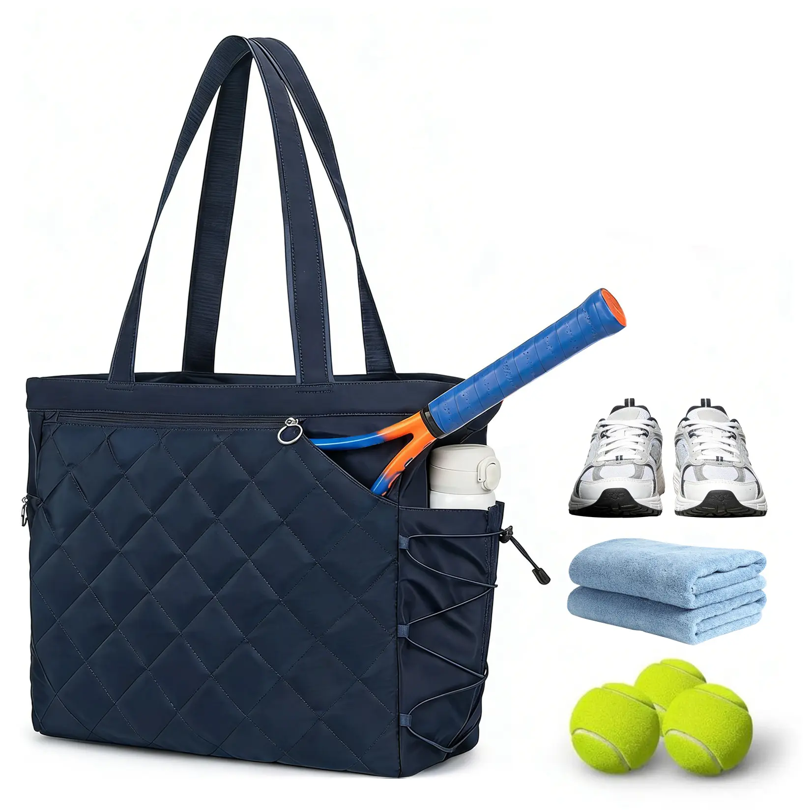 Extra-Large Quilted Tennis Tote Bag for Women – Water-Resistant Racket Bag Holds 2-4 Tennis or Pickleball Paddles – Lightweight Sports Duffel with Shoe Compartment – Ideal for Travel and Gym – Blue