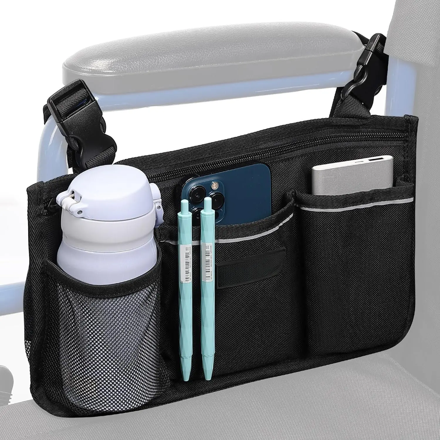 Side Bag,  Armrest Pouch Accessories with Cup Holder | Storage Bag for Walker, Rollator, Scooter, Electric Wheelchairs, Ideal  for Mother's Day & Father's Day- Black