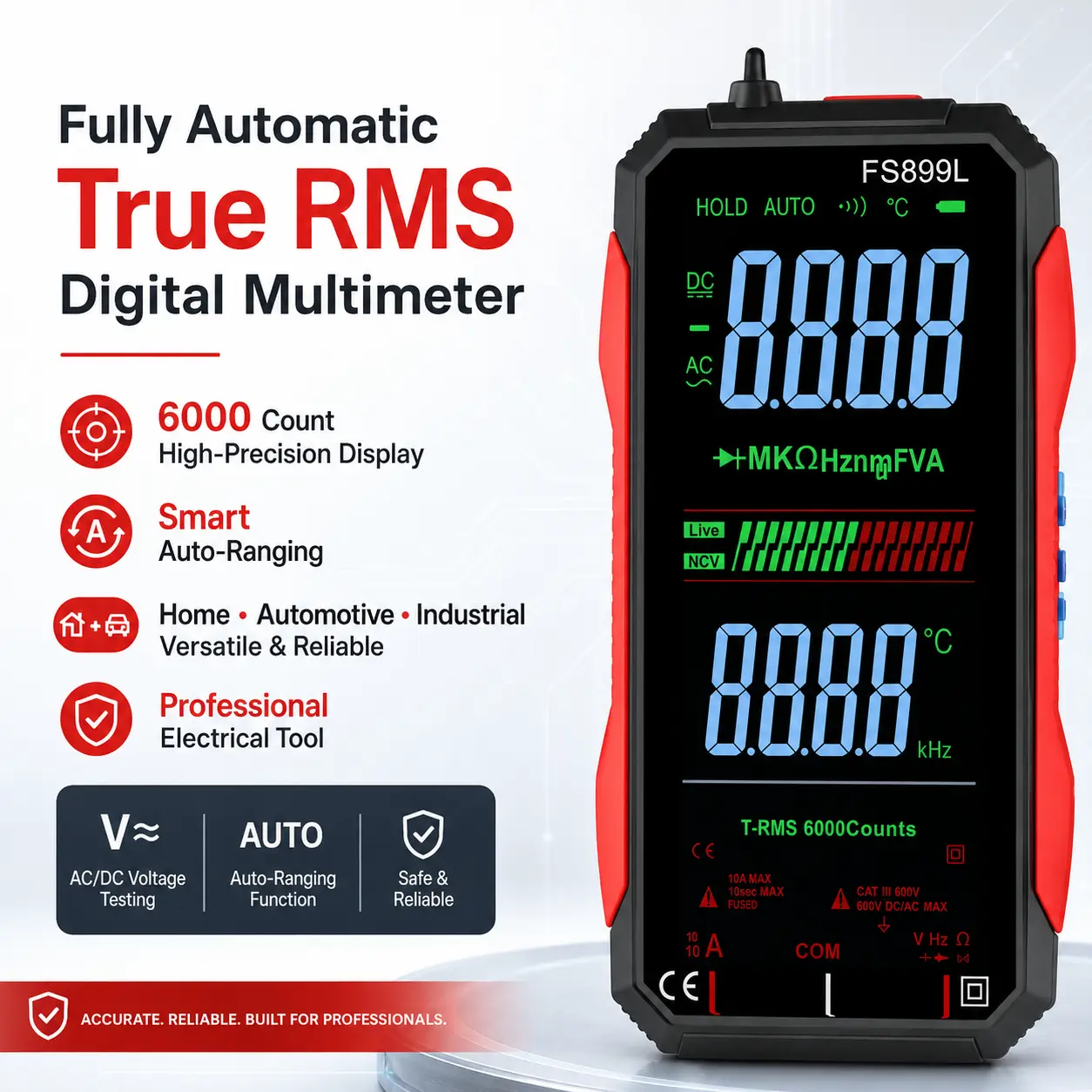 Fully Automatic True RMS Digital Multimeter, 6000-Count High-Precision Display, Smart Auto-Ranging Voltage Tester for Home Electrical Repairs, Automotive Diagnostics, Industrial Use, Home/Car/Indus.