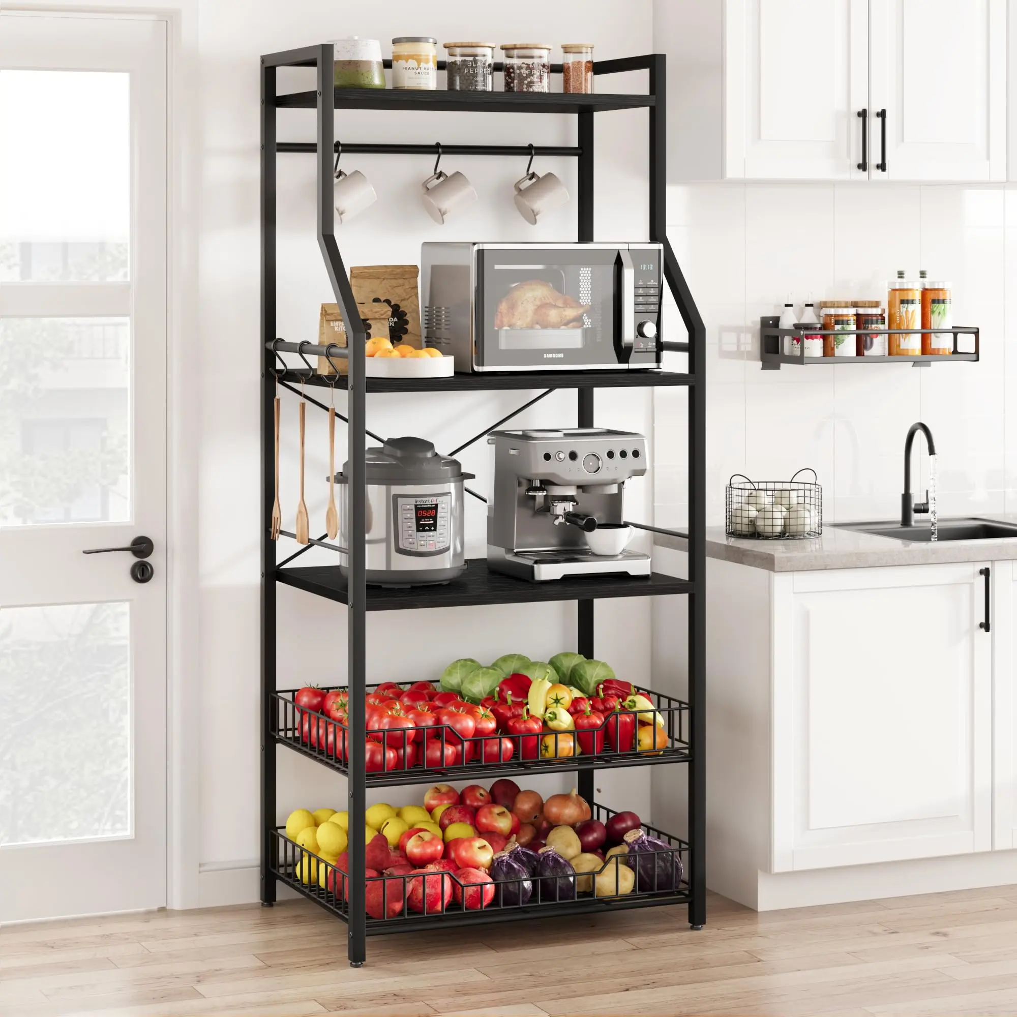 GARVEEKitchen Bakers Rack and Microwave Stand with 5-Tier Storage Shelves, 2 Large Wire Baskets, 8 Hooks, Industrial Coffee Bar Station Design, Adjustable Feet, Anti-Tip Kit, Available in Multiple Colors