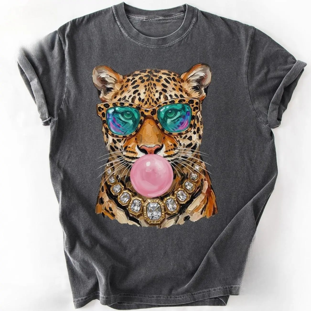 Trendy Leopard Shirt, Bubblegum Sunglasses Big Cat Graphic Unique Tshirt, Retro Animal Graphic,back to school,back to school shopping