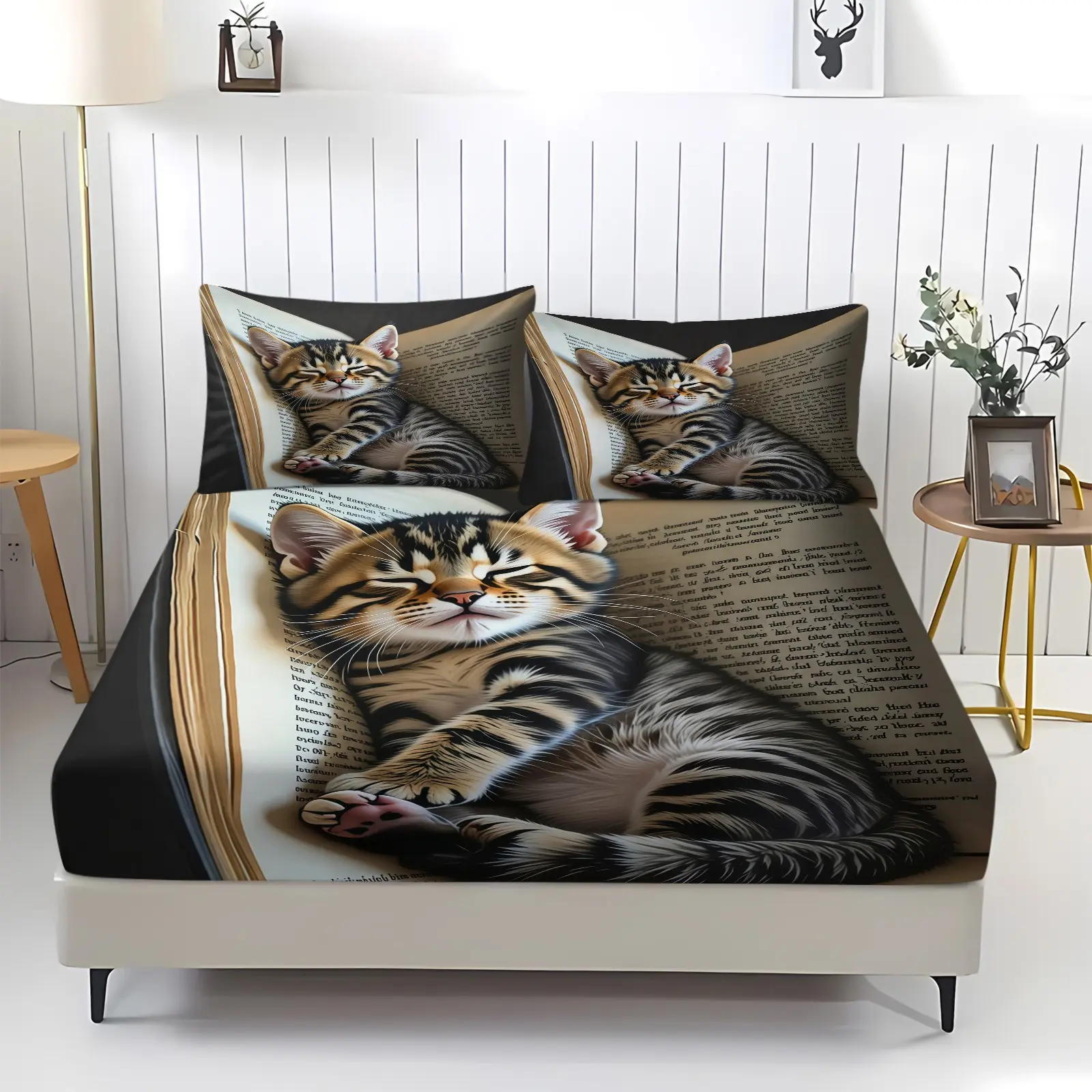 3-Piece Set Of Cute Cat Patterned Bed Sheets For Reading, Including 1 Bed Sheet And 2 Pillowcases (Excluding Pillow Core), Comfortable Bedding, Non Slip Suitable For Bedrooms, Suitable For Children And Teenagers As Gifts And Decorations