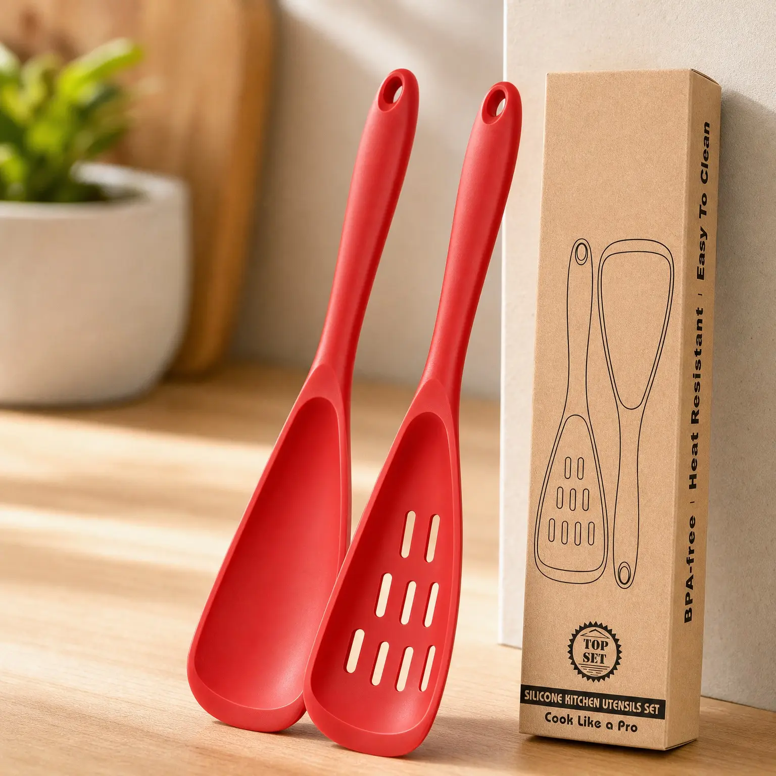 Pack of 2 BPA-Free Cooking Spoons for Non-Stick Cookware, One-Piece Multifunctional Spatula Spoon for Scooping, Scraping, Serving & Mixing, RedGift