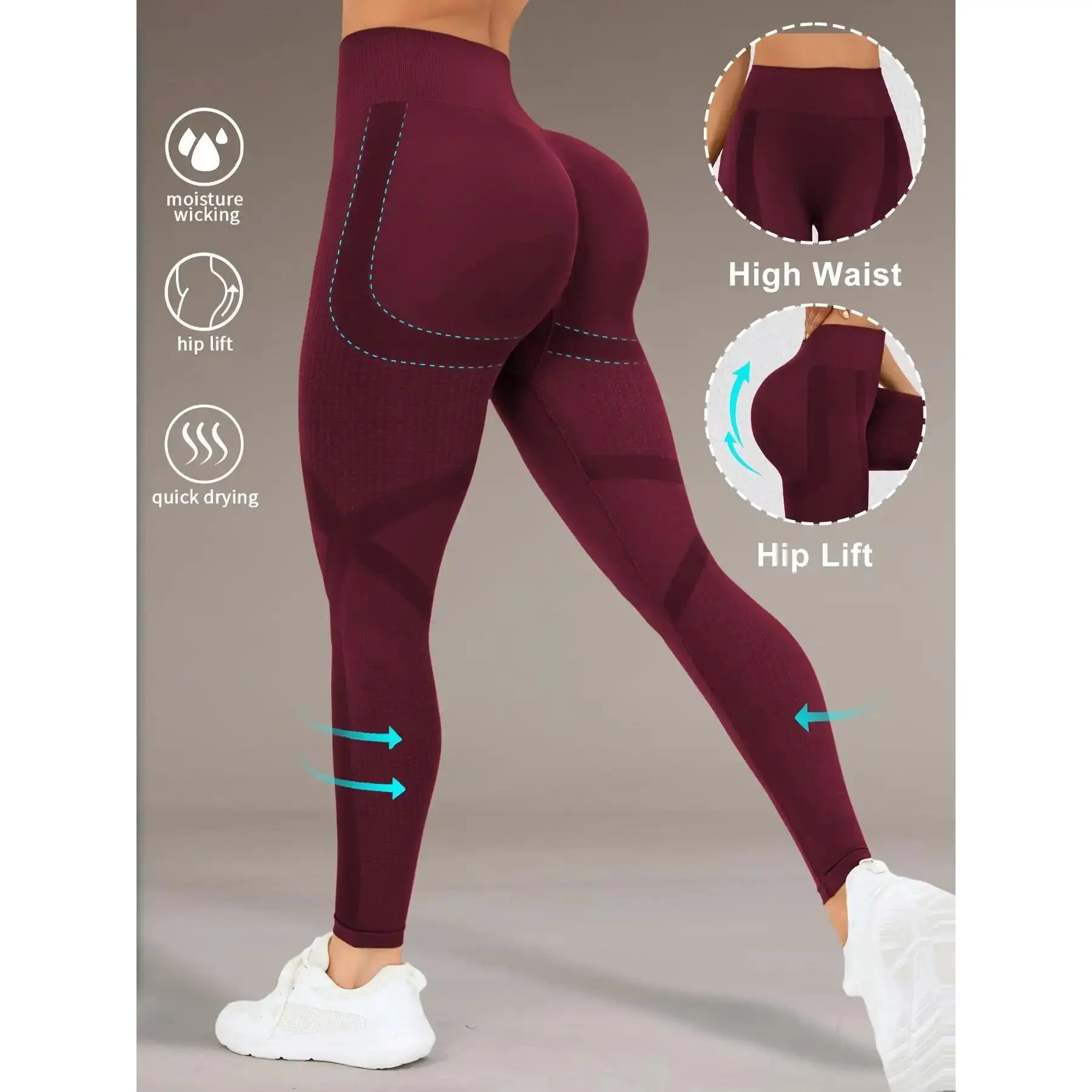 Women's Solid High-Waist Yoga Pants, Tummy Control Butt Lifting Leggings with High Stretch Fabric for Workouts & Sports