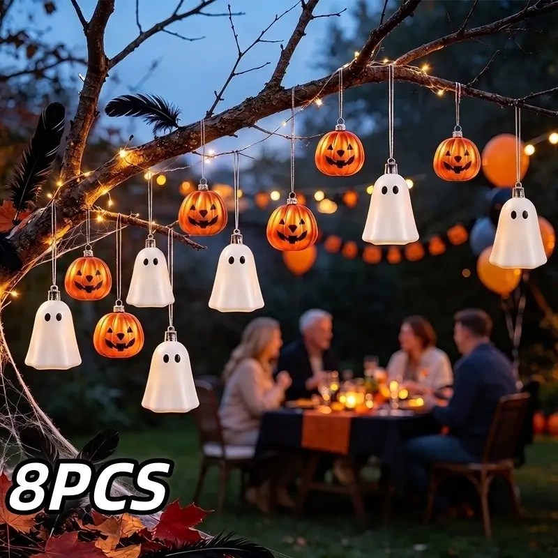 Halloween Festival Pendants, Cute Silver Color Ghost and Pumpkin Decorations, Mini Plastic Halloween Tree Ornaments for Home Festive Party Decoration