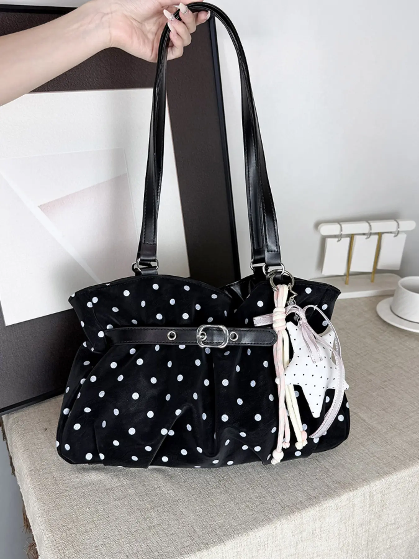 Sweet Cute Polka Dot Ruched Shoulder Bag with Star Pendant, Elegant Textured Ladies Handbag, Ideal for Daily Outings, Dates and Casual Shopping
