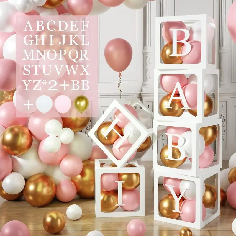 Baby Boxes with Letters for Baby Shower,6pcs Clear Balloon Boxes |   Transparent Box with 2 Set of A-Z+B Letter and 45pcs Pink Gold Balloons for Girl Baby Shower Decoration Birthday Party Decor