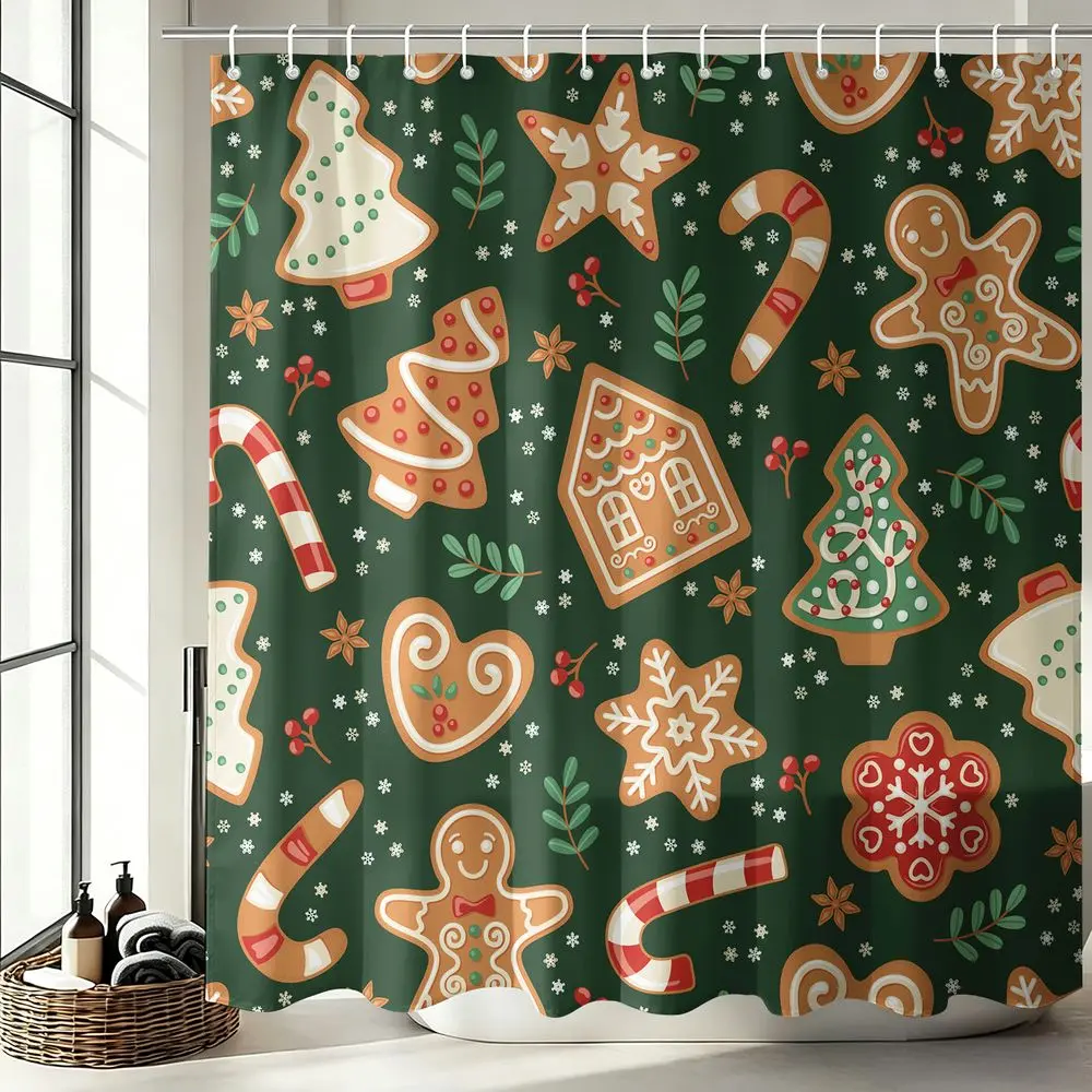 1Pcs Christmas Gingerbread Shower Curtain, Festive Holiday Theme Bathtub Privacy Curtain, Waterproof Cloth Fabric Bathroom Decor Set for Winter Home Decor, Non-Fading Bathroom Accessories with 12 Hooks
