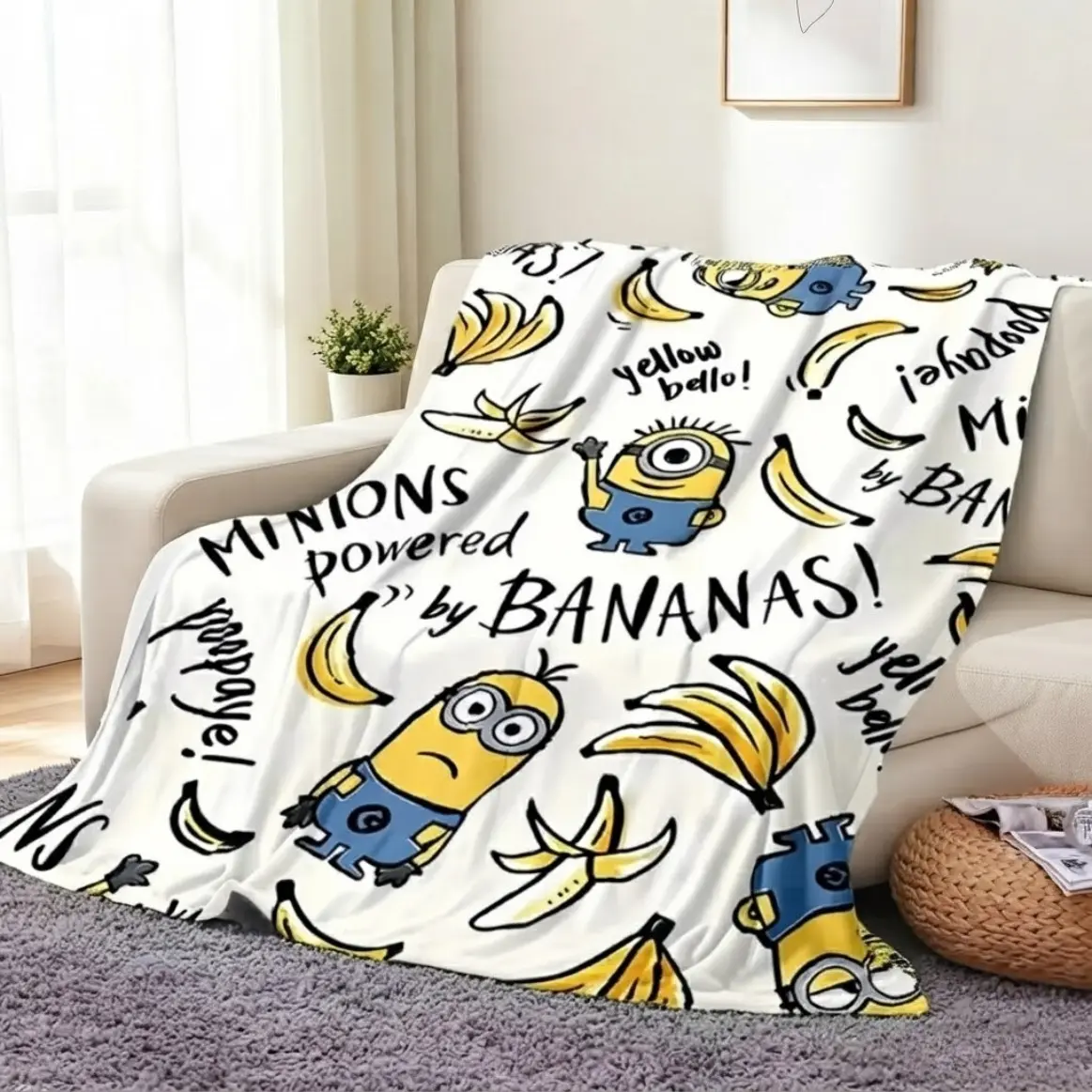 Cute Minions Printed Flannel Blanket For Adults And Kids, Soft Cozy Lightweight AC Throw Blanket In 6 Sizes, Cartoon Bedding Fleece Blanket For Sofa Bed Bedroom Living Room Outdoor Travel Movie Night Home Decor Gift Halloween Christmas Birthday