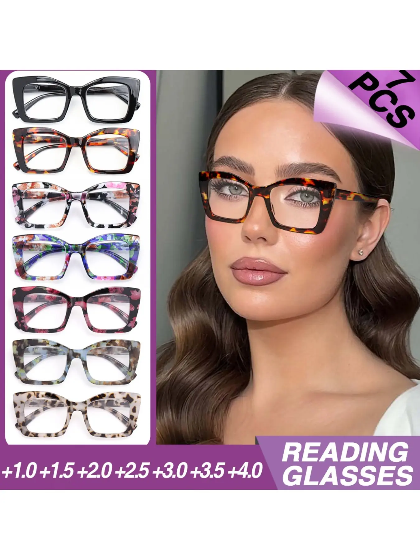 7 Pairs Large Frame Square Fashion Floral Print Reading Glasses, Comfortable Spring Hinge, Unisex, Adjustable Fit