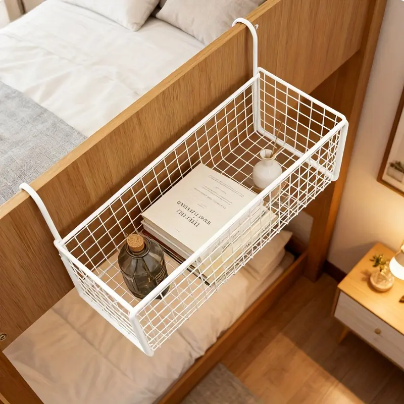 No-drill heavy-duty stainless steel headboard shelf - a space-saving bed storage rack, suitable for books, phones, glasses |   Modern bedroom, dorm, office small space storage, with basket design