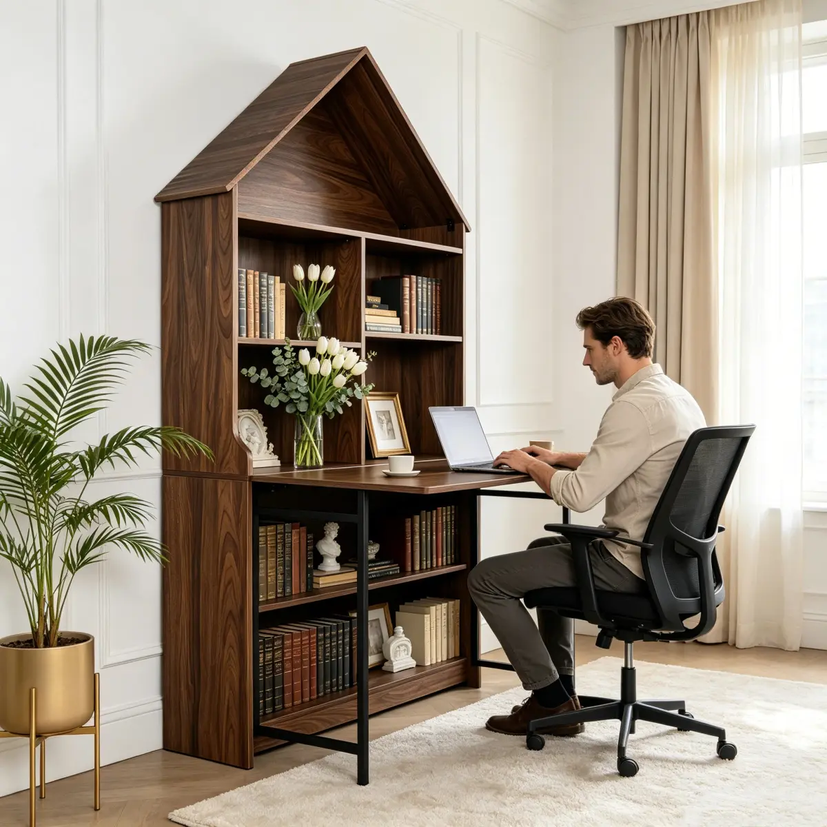 Vintage Arched Top MDF Wall-Mount Convertible Fold-Out Hideaway Desk - Storage Shelf, Cable Pass, Anti-Tip Kit, Easy-Setup Office Furniture for Small Apartments, DIY Lovers