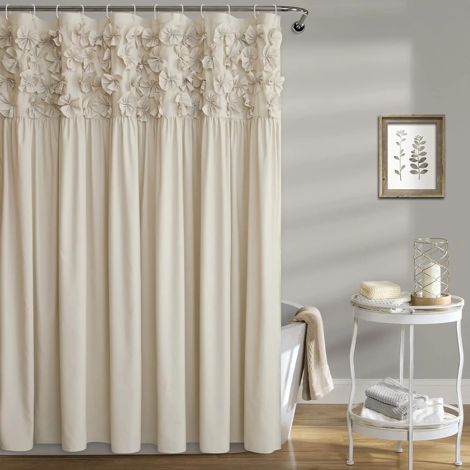 Camel Farmhouse Flowers Shower Curtain - Handmade Microfiber-Polyester, 72x72in Privacy Bath Curtain for Master Bathroom, 12 Buttonholes, Bow Tie Ruched, Ruffled, Shower Curtains
