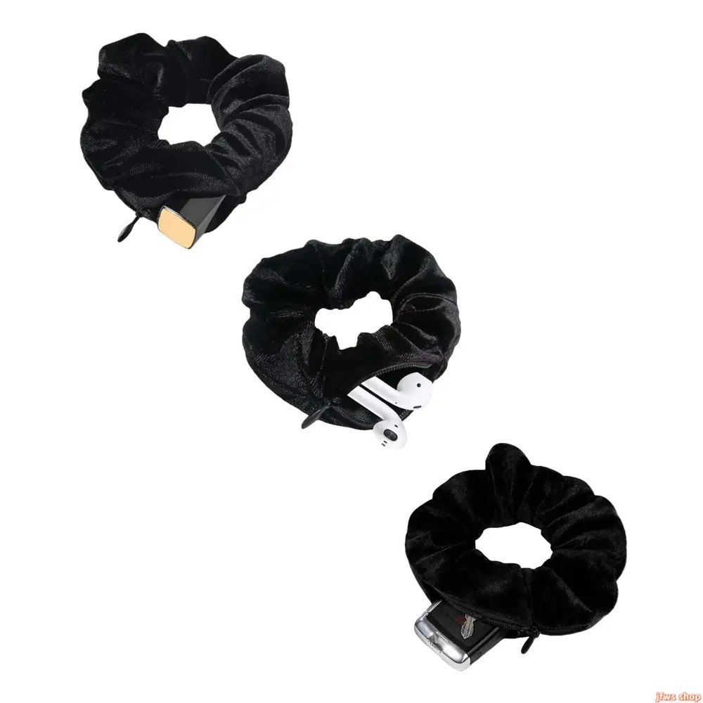 3 Pack Zipper Pocket Scrunchie, Velvet Secret Hidden Storage Hair Tie for AirPods, Keys & Money – Y2K Coquette Bracelet Scrunchie, Cute Functional Hair Accessories Gift for Her