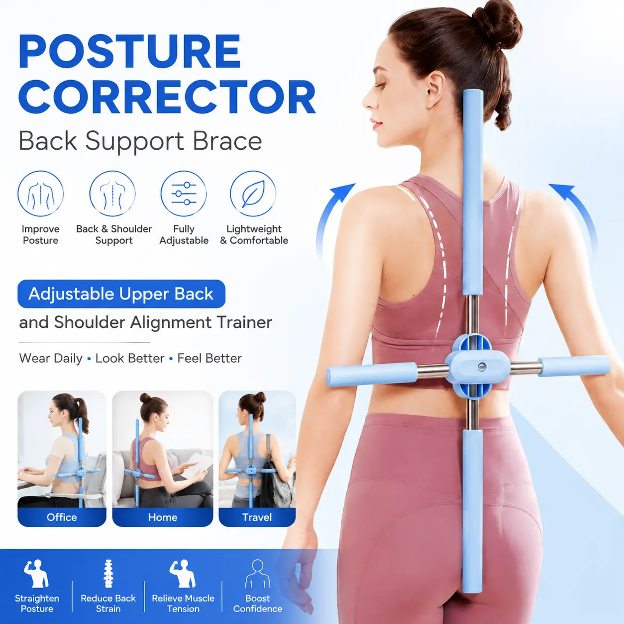 Posture Corrector Back Support Brace – Adjustable Upper Back and Shoulder Alignment Trainer, Comfortable Posture Improvement Strap for Neck, Back & Waist Support, Daily Wear for Home, Office, Work and Travel