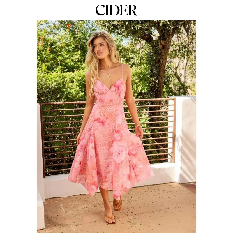 Cider Chiffon Floral Sweetheart Asymmetrical Hem A-line Maxi Dress SummerFinds