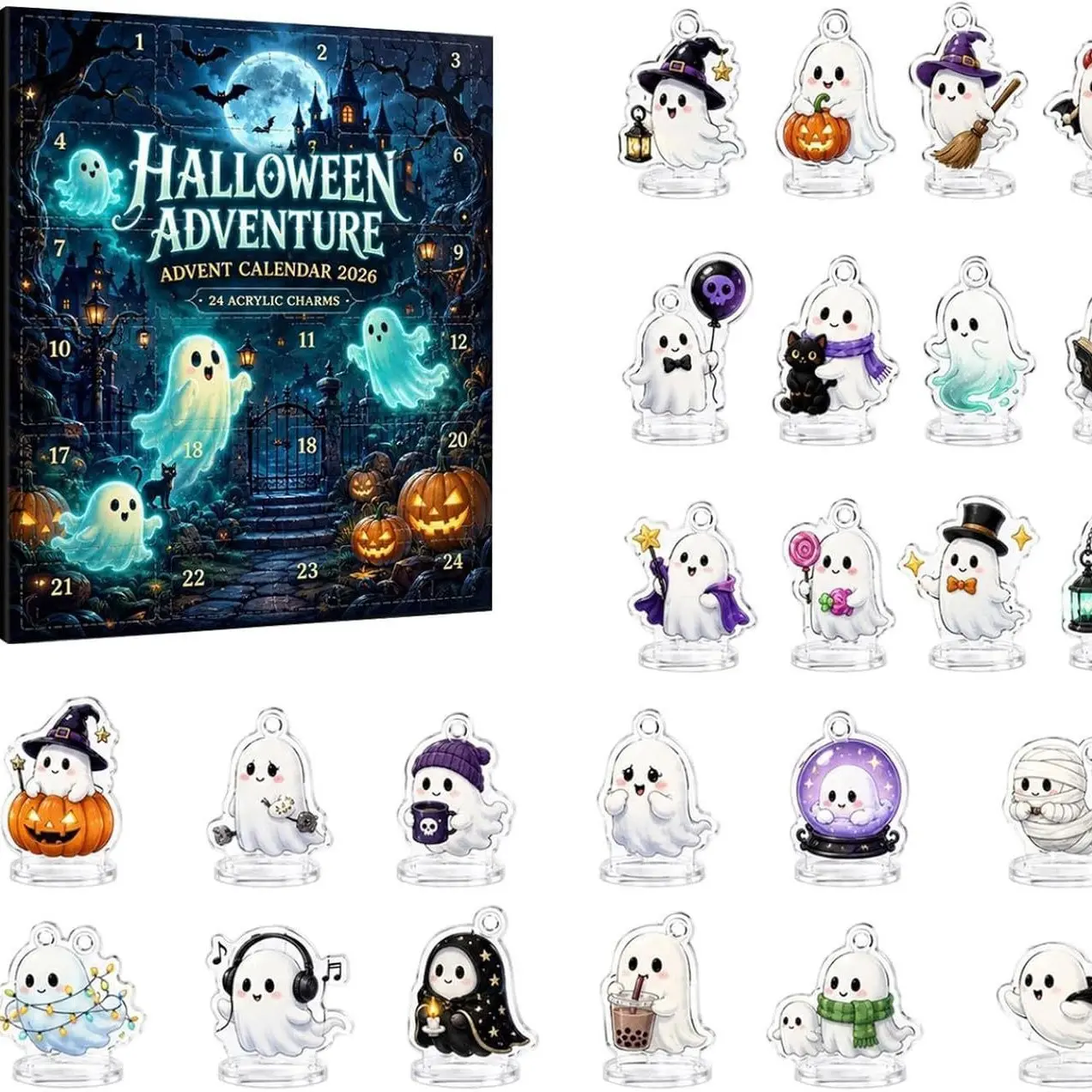 Halloween Ghost Advent Calendar 2026, 24‑Day Surprise Blind Box, Cute Acrylic Ghost Mini Figurines, Countdown Decor Ornaments & Keychain Charms for Halloween Gift