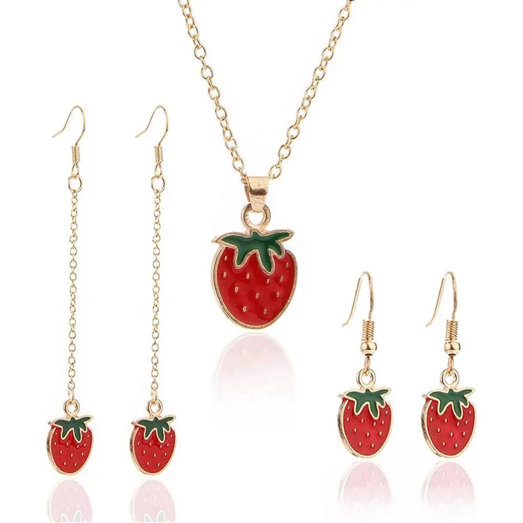 Red Dripping Oil Cute Strawberry Earrings Necklace Set Sweet Small  Fruit Strawberry Pendant Necklace Stud Earrings for Women
