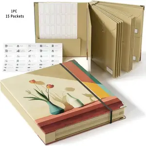 Accordion File Organizer  PE Coated Manila 15 Pockets Spine-Free Expanding Document Folder， for Important Papers、Passports、 Birth Certificates、 Cards、 Photos and Letters， Design with Elastic Closure，Office & Home Storage - Oil-Painted Vase  - Black