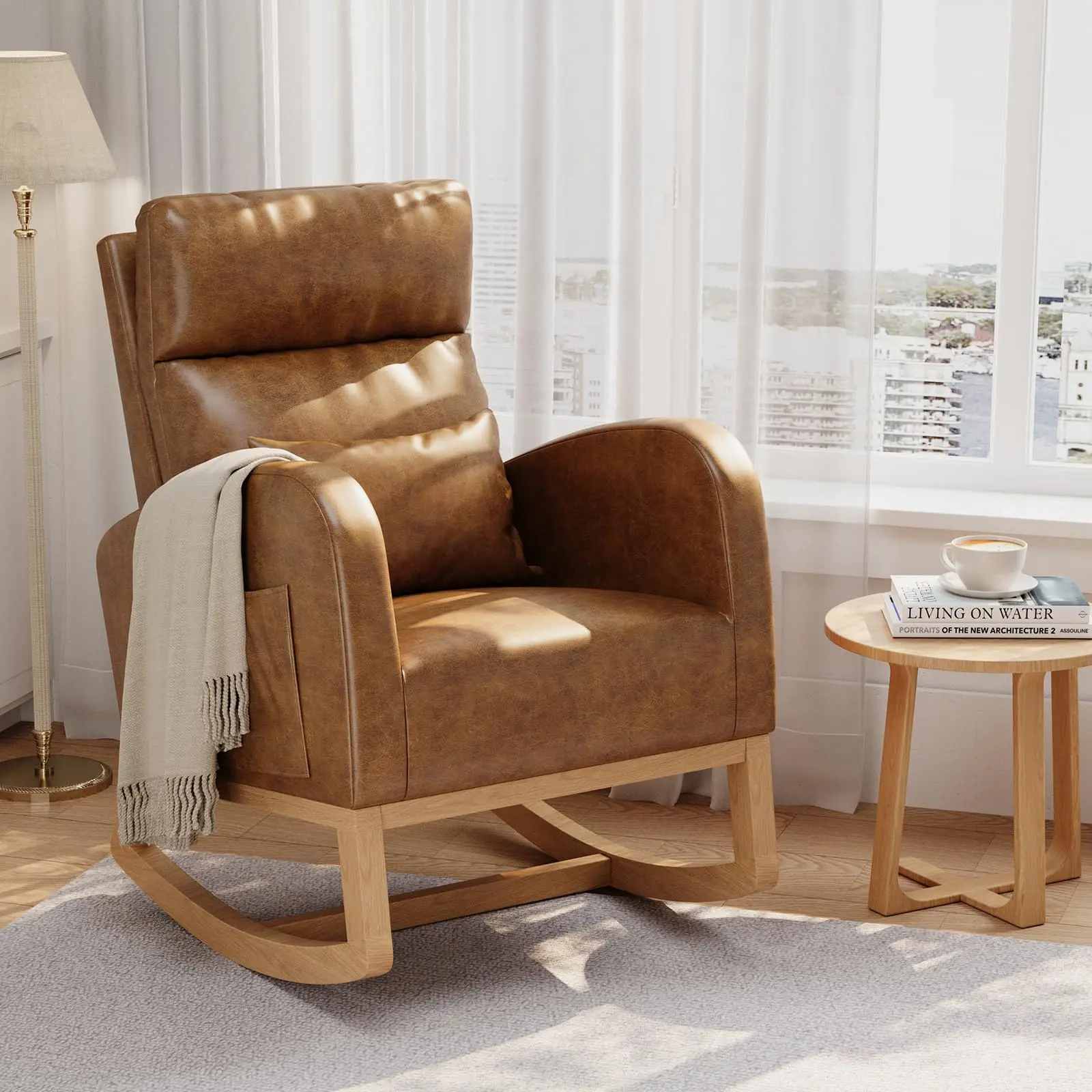 Modern Nursery Glider Rocking Chair, Upholstered High-Back Accent Rocker - Side Pockets & Lumbar Pillow - Solid Wood Base, Smooth Glide - Brown/Grey/White