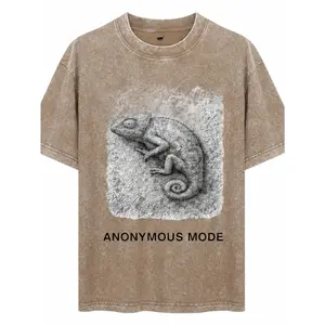 Streetwear Style, Heavyweight Unisex Acid Wash Cotton T-Shirt, Chameleon Graphic With Anonymous Mode Text, Distressed Print And Faded Finish, Casual Wear For Urban Fashion Lovers