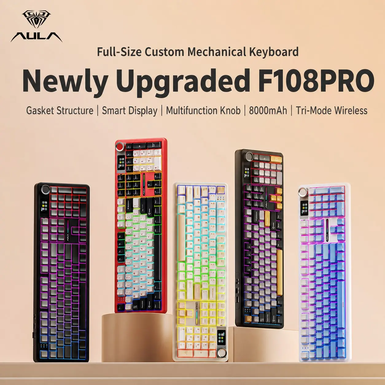 Aula F108 Pro Three-Mode Illuminated Mechanical Game Keyboard, Hot-Swappable, Full Size 104 Keys with Numpad, USB-C, RGB Lighting, Aesthetic Keyboard, Smart Screen, Windows/MAC/iOS Compatible