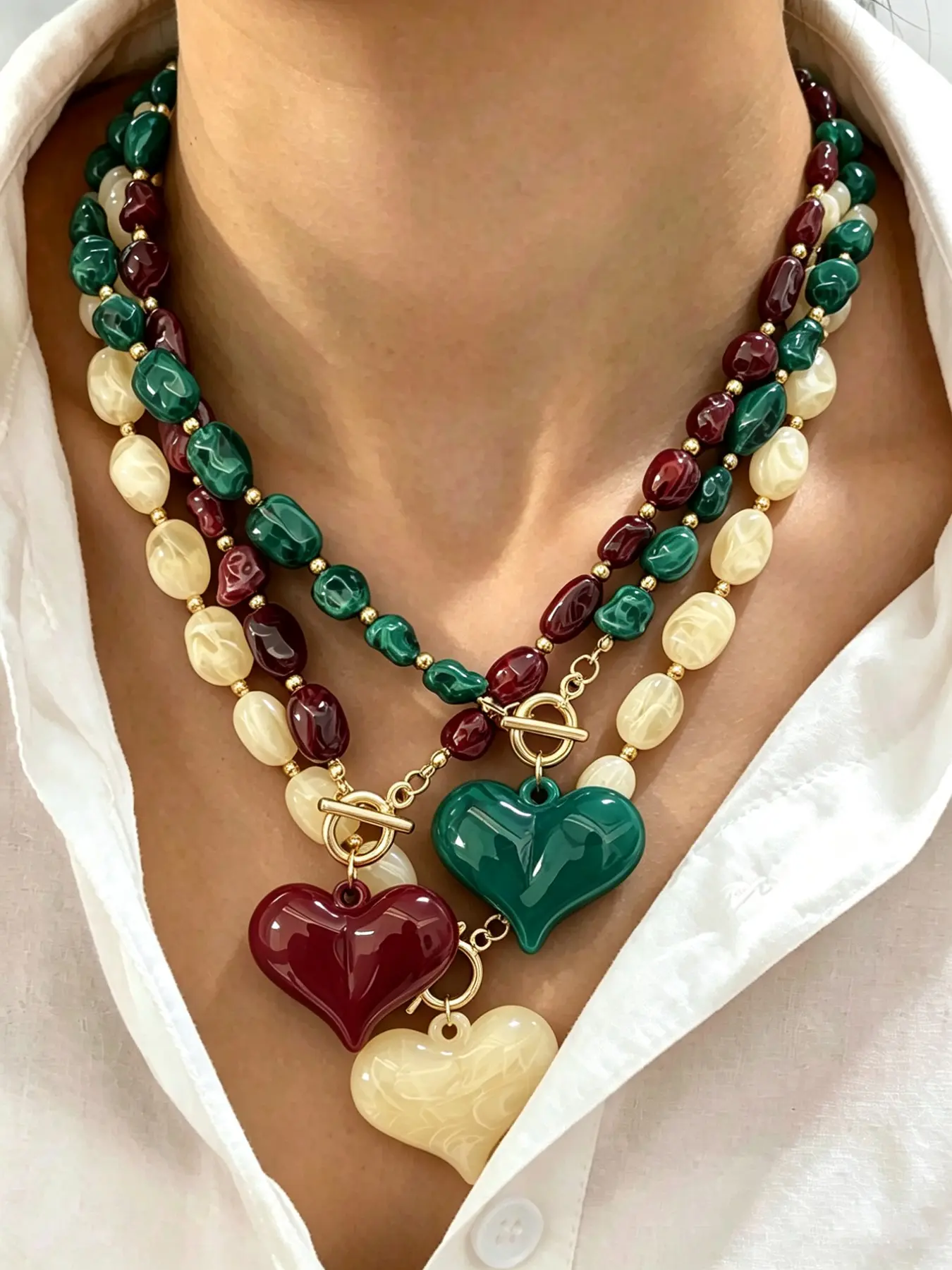 3Pcs Vintage Chunky Beaded Resin Heart Pendant Necklaces for Women, Statement Necklaces with Toggle Clasp, Trendy Jewelry Gift for Parties & Daily Wear, Casual Jewelry