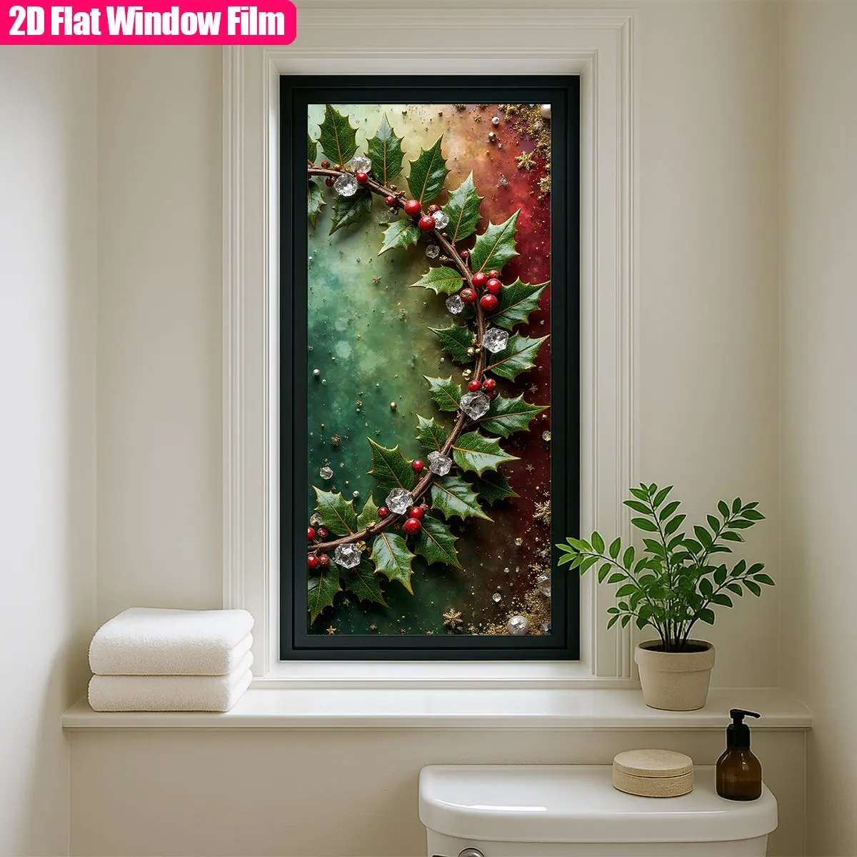1pc of 2D Flat Frosted Static Cling PVC Window Film Featuring a Christmas Holly Wreath Adorned with Red Berries And Crystals, Designed As a Stained Glass Window Film. These Non-Adhesive Stickers And Decals Are Suitable for Decora