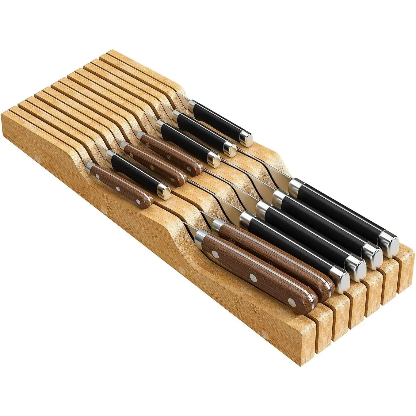Bamboo In-Drawer Knife Block for 13 Knives (Knives Not Included), Kitchen Knife Drawer Organizer & Countertop Knife Storage Holder
