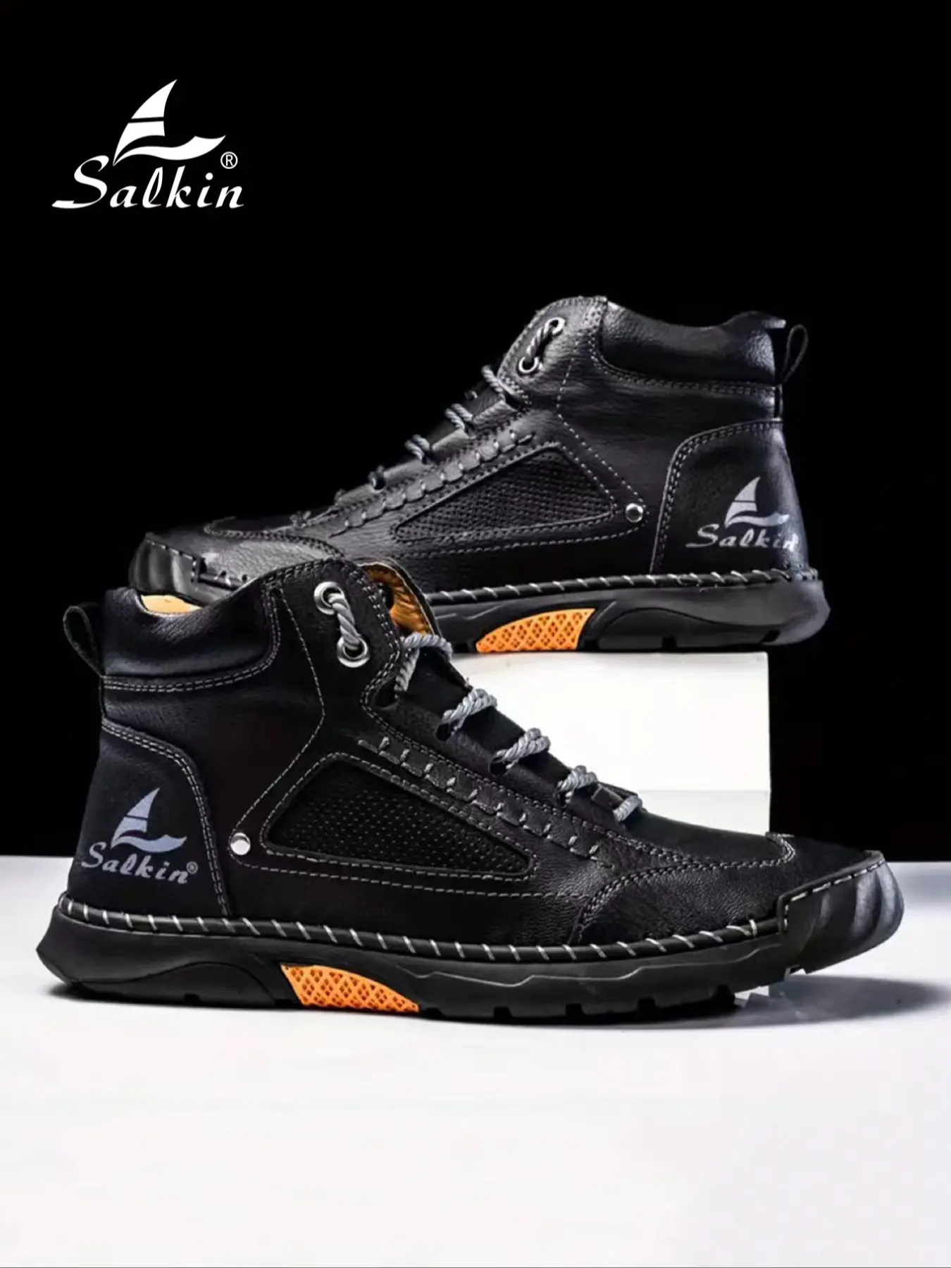 Men's Hand-Stitched PU High-Top Boots, Work Ankle Boots, Anti-Slip Thick Rubber Sole, Waterproof, Comfortable Shock Absorption, Casual Work Shoes, All Seasons