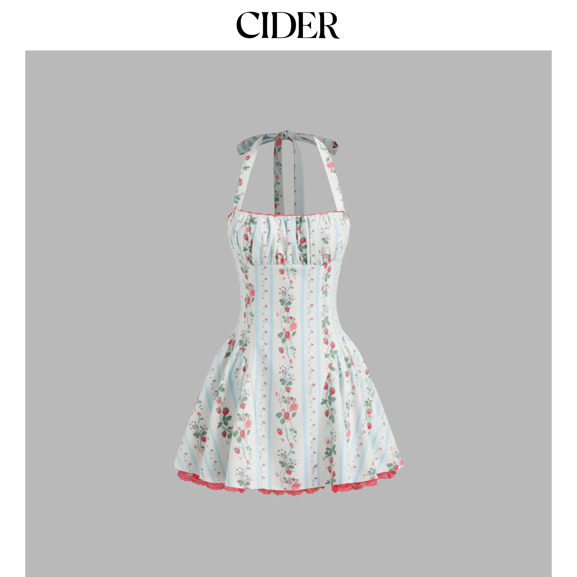 Cider [size 0-10] Linen-blend Halter Neckline Strawberry Floral Lace Up Ruffle Mini Dress SohoChic
