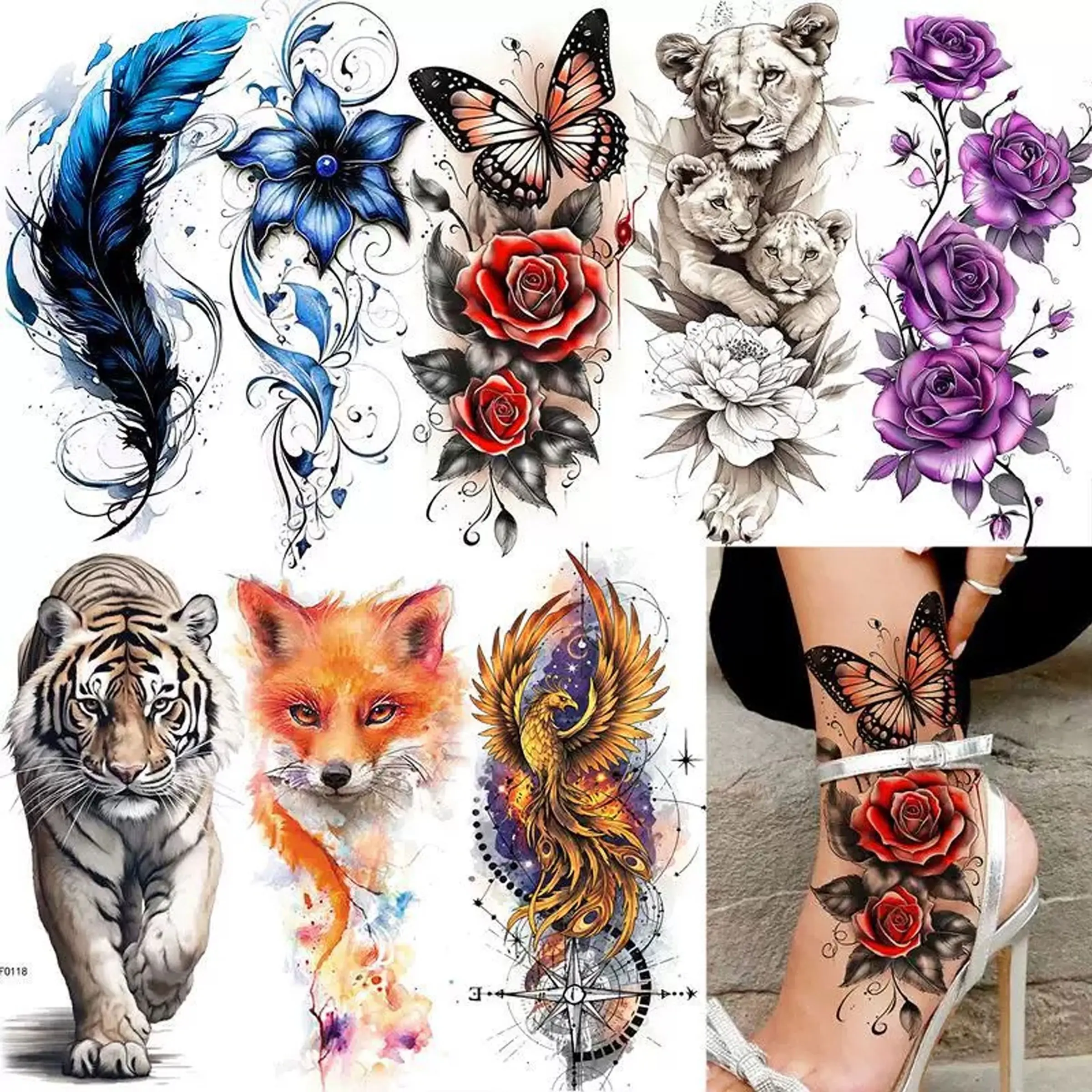 Rose Flower Phoenix Tiger Wolf Butterfly Tattoo Stickers, Colorful Water Transfer Tattoos for Hand Back Foot, Temporary Body Art, Arm Temporary Tattoos
