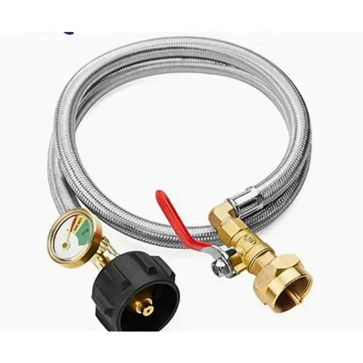 Propane Refill Adapter Hose |   3ft Stainless Steel with Pressure Gauge & Shut-Off Valve |   Safe Fill for 1lb & 20lb Tanks |   Camping, Grill & Outdoor Use