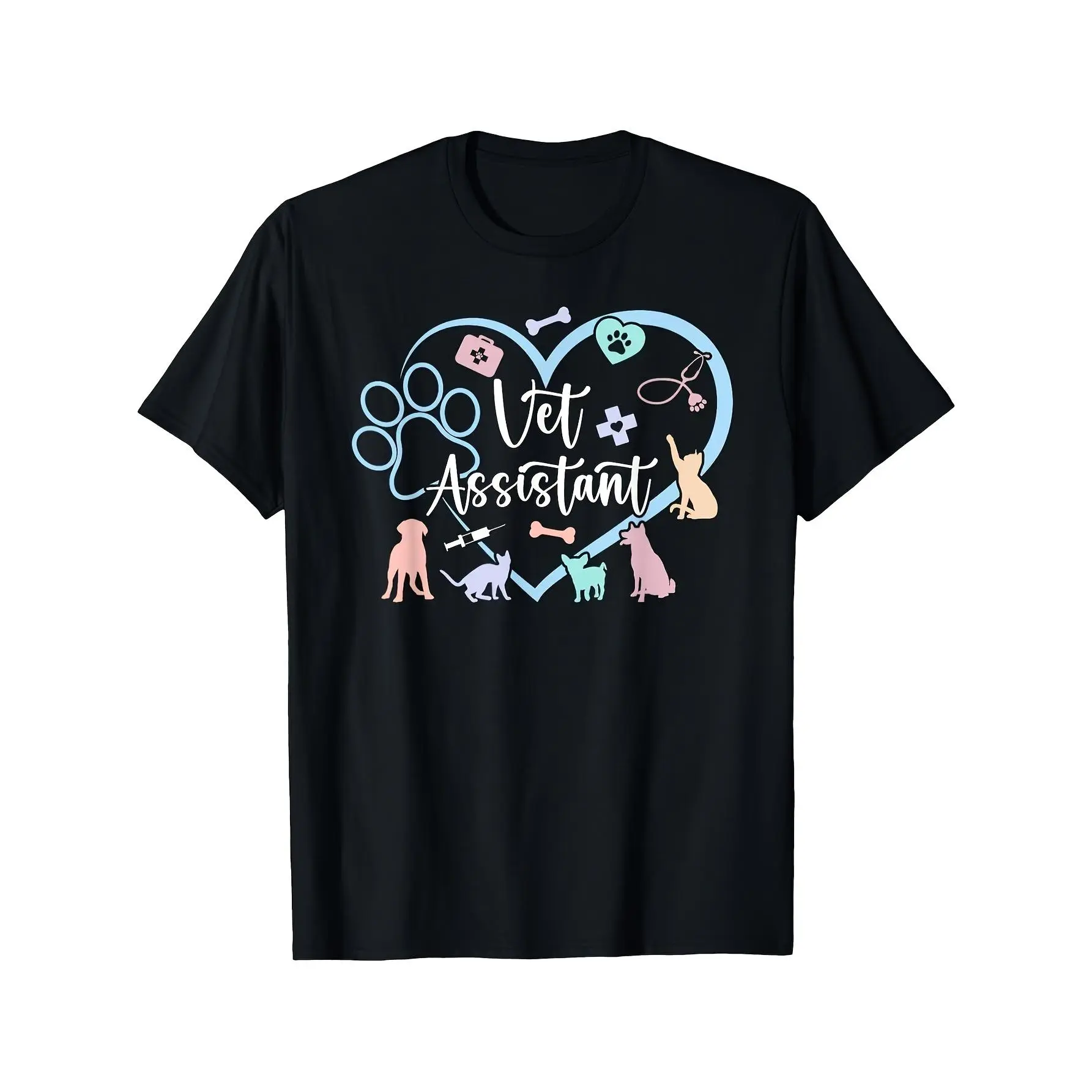 Women's Cotton T-Shirt - Vet Assistant Heart Paw Print, Crew Neck Short Sleeve, Unisex Pet Clinic Worker Top (S, M, Thanksgiving, Easter, Valentine's Day), Valentines Day, Plus Size Friendly, Athletic, Syringe, All Seasons, Basic, Casual, Chic
