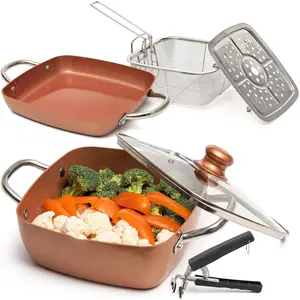 6 Pcs Copper Chef Cookware Non Stick Deep Frying Pan 9.5" x 3.5", Fry Basket, Steamer Rack, Dishwasher & Oven Safe, 5 Qt Deep Square Pot & Non Stick Pan, Induction Copper Cookware Set
