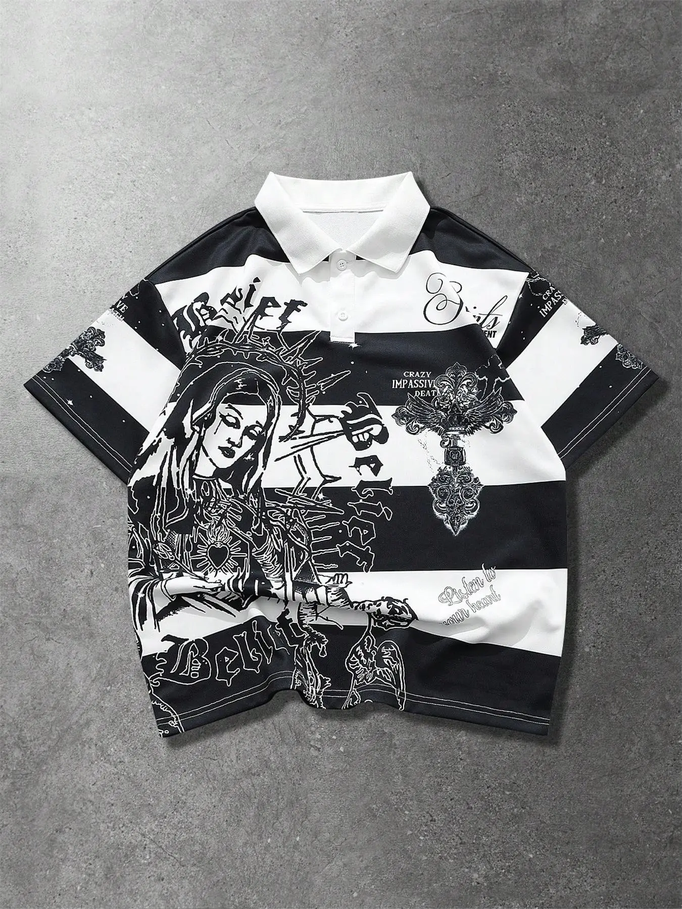 Men's Casual Polo Shirt, Stripes, Gothic Cross Print, Button Front, Regular Fit, Perfect for Daily Wear