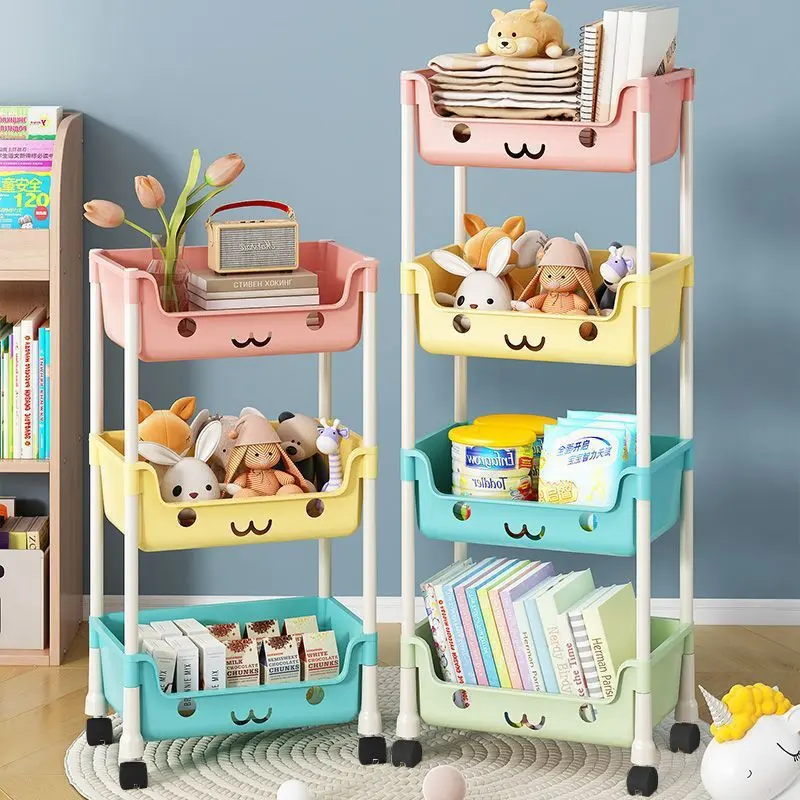 5-Layer Plastic Removable Organiser Cart with Swivel Wheels - Macaron-Style Mobile Storage for Snacks, Toys and Children's Floor Bookshelf Decor Rack, Five-Layer