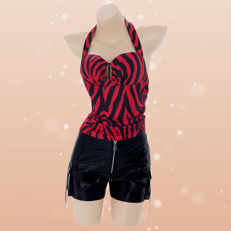 Retro Red Black Zebra Print Halter Waist Cinched Outfit Same Style As Nikki Halloween Sexy Performance Suit