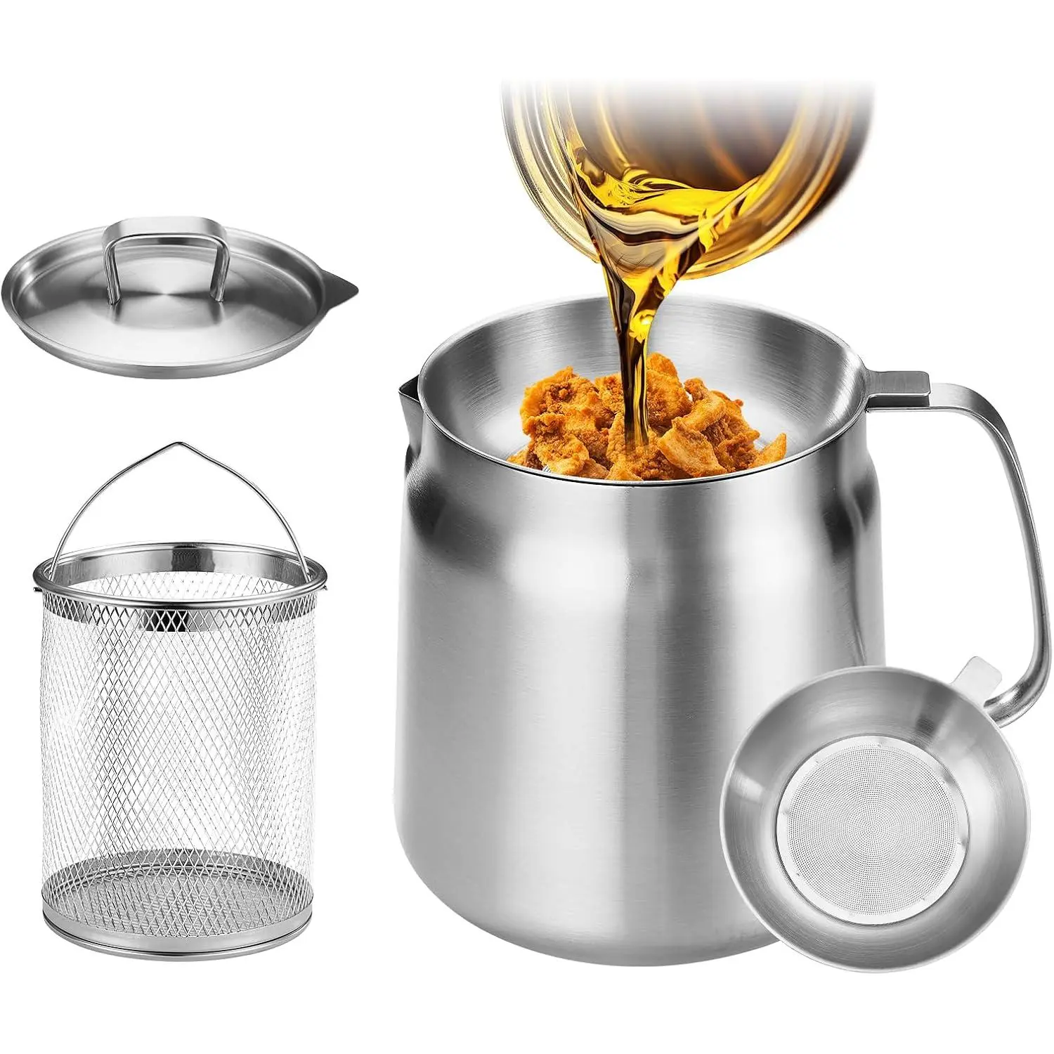304 Stainless Steel Deep Fryer Pot with Basket & Strainer - 119oz/2.3L/3.5L/3.7Qt, 14.5cm Diameter, 17.5cm Height, Ergonomic, Spill-Free, Dishwasher Safe, Reusable Single/Couples Apartment Kitchen Pot, Camping Bacon Grease Container, Fryer Set, 1-3 People