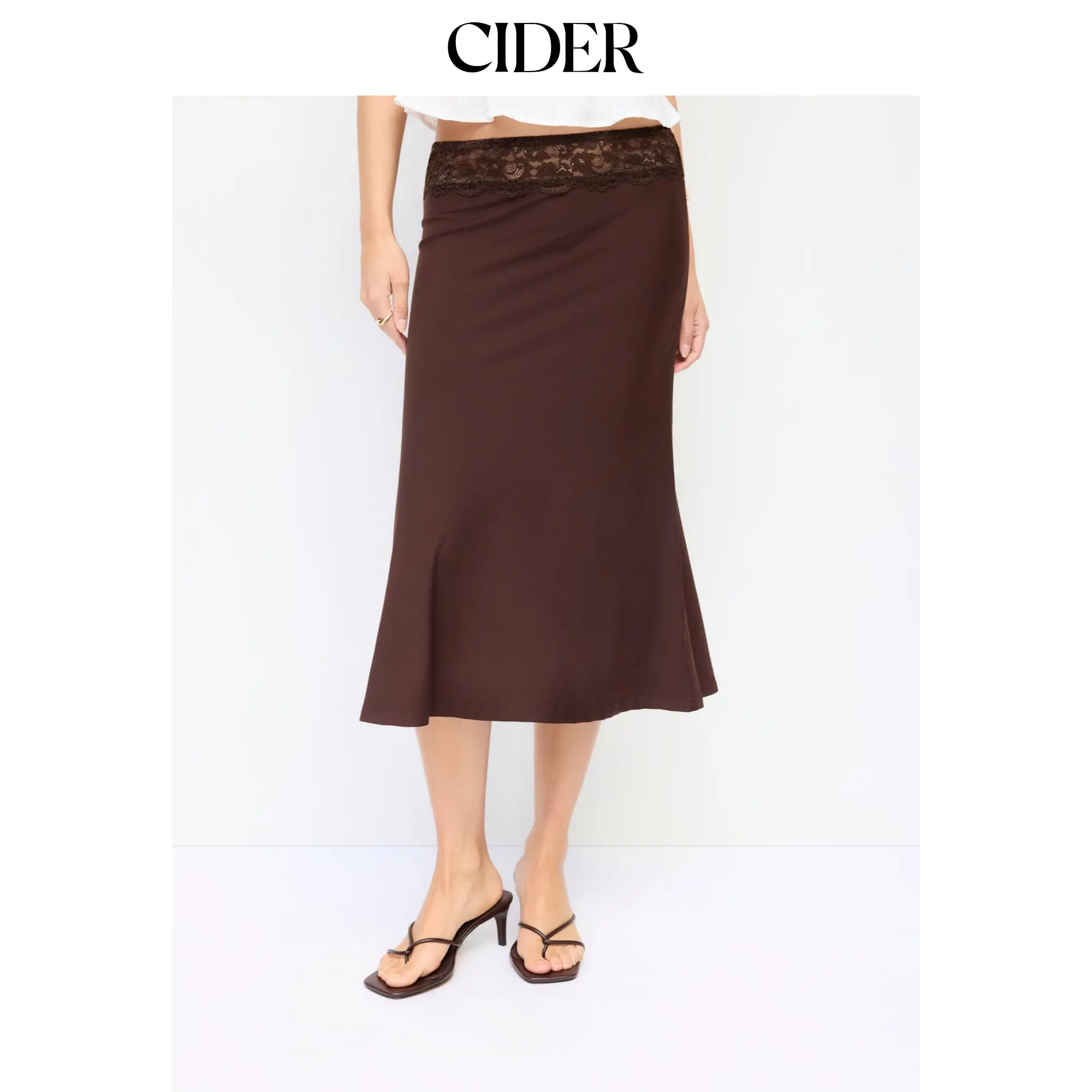 Cider Satin Lace Mid Rise Waist Midi Skirt