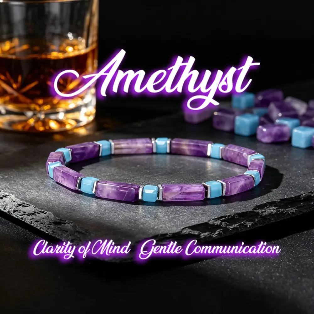 Natural Amethyst Stone & Blue Chalcedony Rectangle Bead Stretch Bracelet - Boho Stackable Fashion Jewelry Gift for Women Men