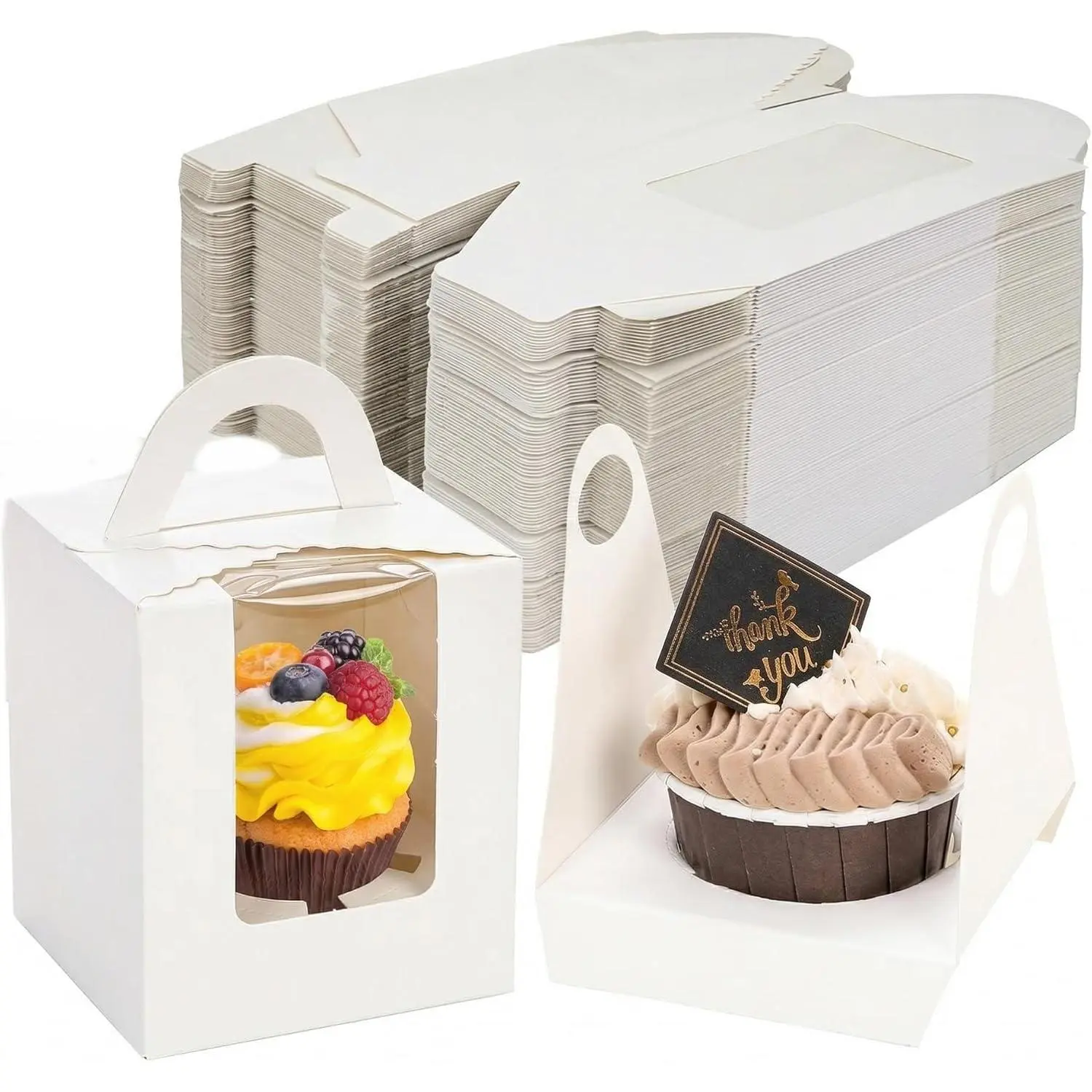 100 Pack Individual Cupcake Boxes with Insert, Window & Handle | White Cardboard Single Cupcake Carriers, Gable Bakery Boxes with Window for Muffins, Party Dessert