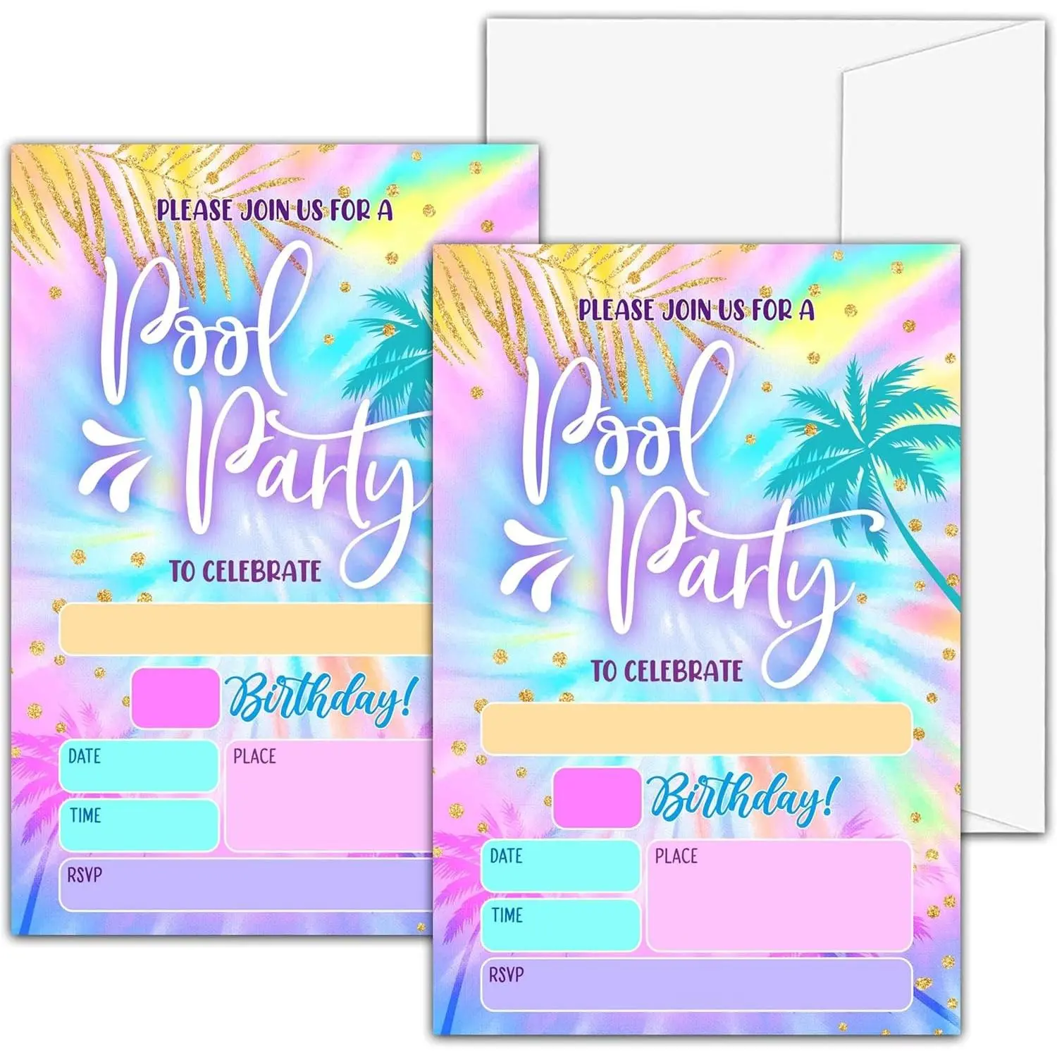 Pool Party Birthday Invitations For Girls Boys, Tie Dye Birthday Party Invitations, Birthday Party Fill In Invitation Cards, Summer Birthday Party Favor Supplies (20 Invites With 20 Envelopes) -A08