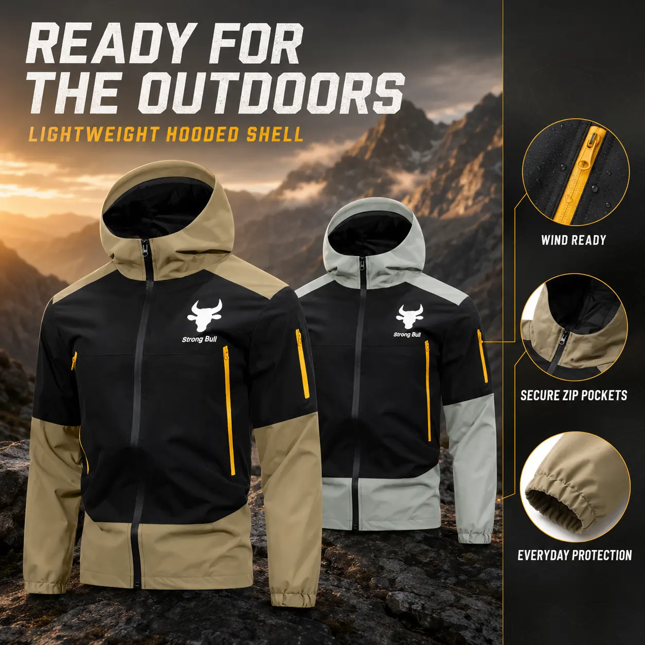 Men Color Block Hooded Windbreaker Bull Logo Print Zip Up Windproof Outdoor Casual Jacket With Yellow Zipper Pockets